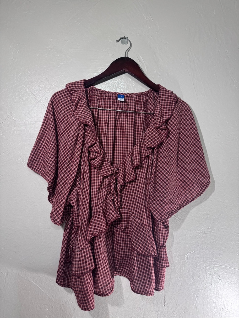 Old Navy Burgundy Plaid Flutter Sleeve Peasant Top Fall Ruffle Trim Size XXL